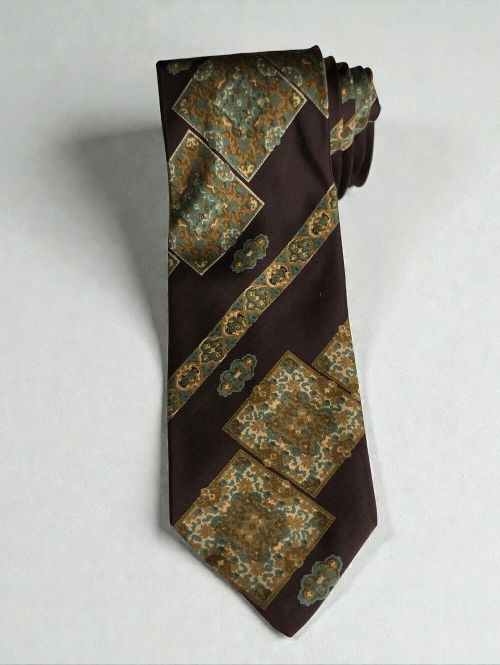 Brittania Vintage Mens Silk Tie Brown Blue Cream Cool Print Retro Gentleman